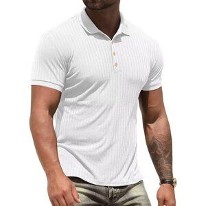 🆕Men White Polyester Polo Shirt Slim Fit Casual Summer Short Sleeve Workout